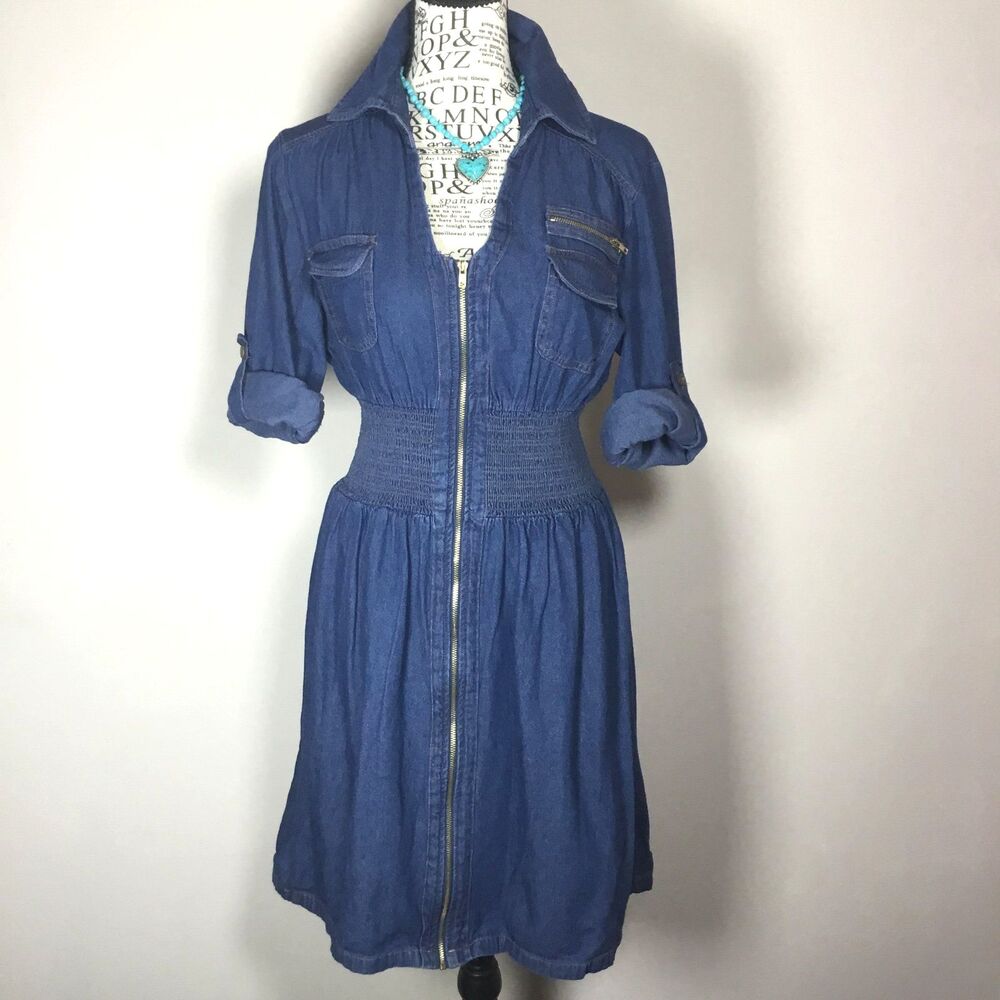 Smocked waist midi denim dress blue 100% cotton 3/4 roll sleeve Cowgirl M